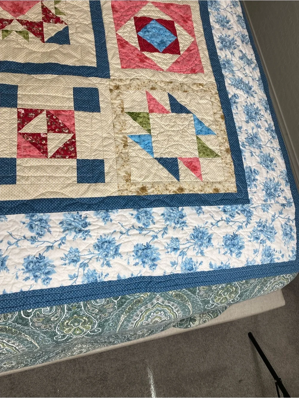 Handmade Patchwork Quilt Bedspread in Cream, Red, Blue & Green by